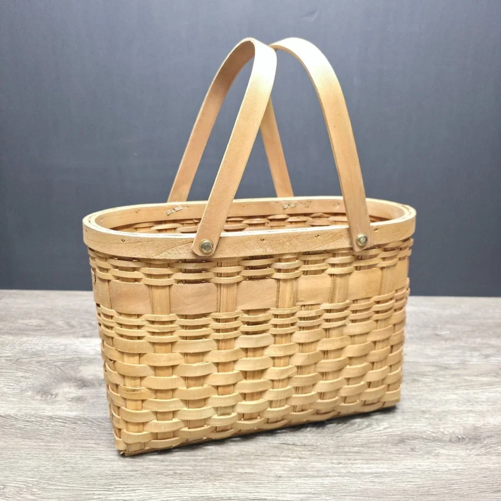 Vintage Double Handled Light Brown Wooden Basket 13x9x6 Rustic Home Decor